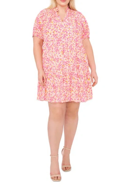 Cece Floral Print Babydoll Dress In Pink/new Ivory
