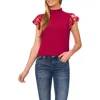 Cece Floral Print Double Ruffle Mixed Media Top In Deep Sangria Burgundy