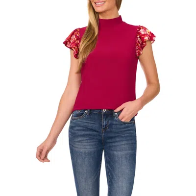 Cece Floral Print Double Ruffle Mixed Media Top In Deep Sangria