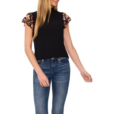 Cece Floral Print Double Ruffle Mixed Media Top In Rich Black
