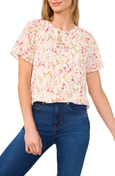 Cece Floral Print Flutter Sleeve Georgette Top In New Ivory