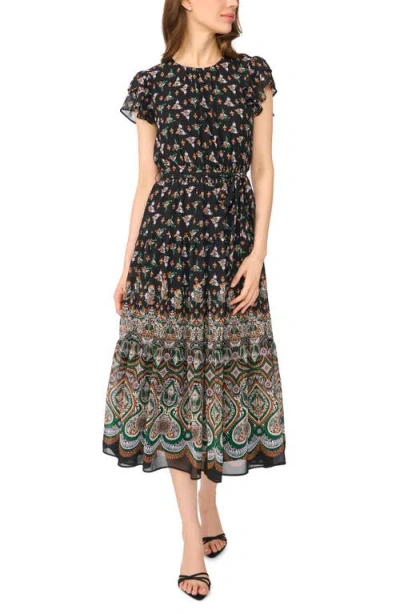 Cece Floral Print Flutter Sleeve Midi Dress In Multi