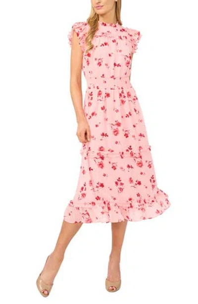 Cece Floral Print Flutter Sleeve Smocked Midi Dress In Pink