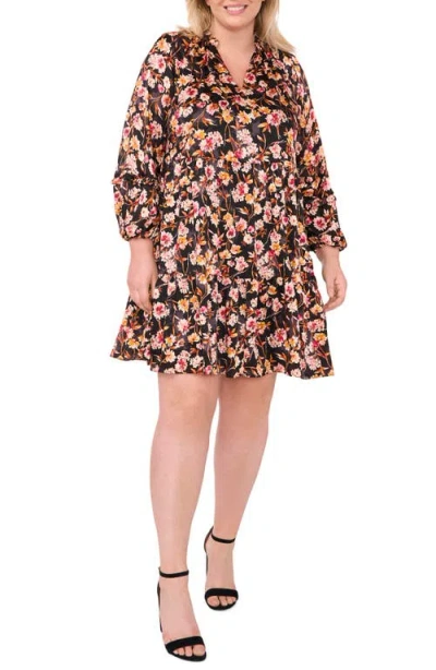 Cece Floral Print Long Sleeve Babydoll Dress In Rich Black