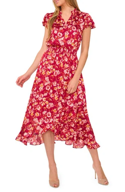 Cece Floral Print Midi Dress In Deep Sangria Burgundy | ModeSens