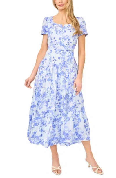 Cece Floral Print Notched Neck Tiered Maxi Dress In Blue