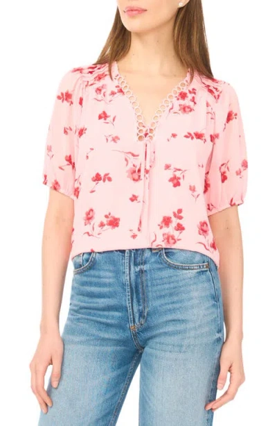 Cece Floral Print Pintuck Top In Pink