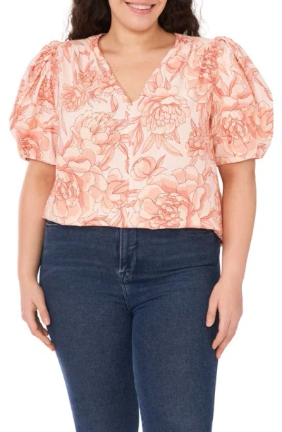 Cece Floral Print Puff Sleeve Linen Blend Top In Sweet Rose
