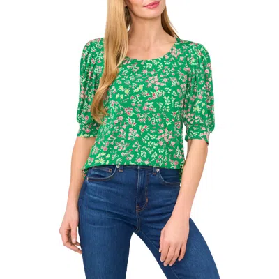 Cece Floral Print Puff Sleeve Stretch Cotton Top In Green