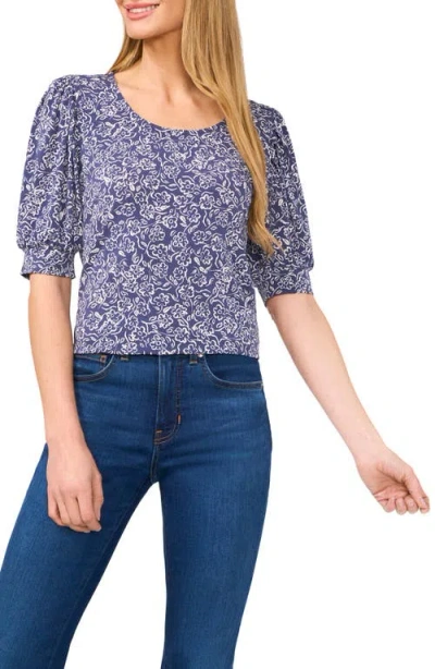 Cece Floral Print Puff Sleeve Top In Ocean Blue