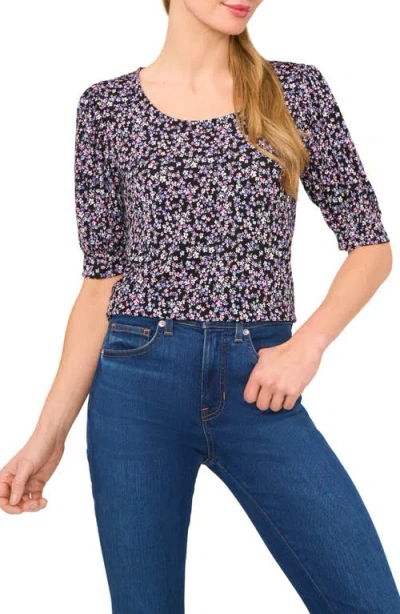 Cece Floral Print Puff Sleeve Top In Rich Black