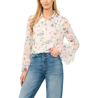 Cece Floral Print Ruffle Cuff Shirt In White