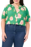 Cece Floral Print Ruffle Neck Top In Green