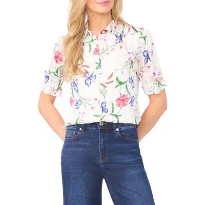 Cece Floral Print Ruffle Sleeve Shirt In White