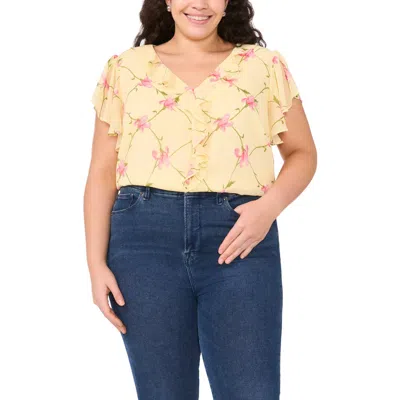 Cece Floral Print Ruffle Top In Yellow