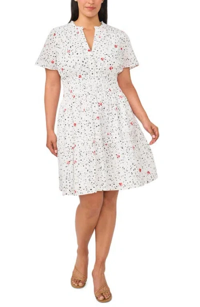 Cece Floral Print Shirred Cotton Dress In White
