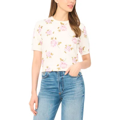 Cece Floral Print Short Sleeve Sweater In White