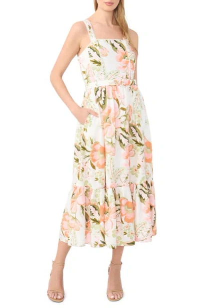 Cece Floral Print Smocked Back Sleeveless Midi Dress In Multi