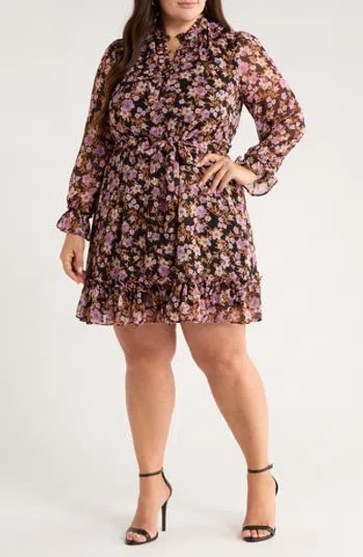 Cece Floral Print Tie Waist Long Sleeve Dress In Multi