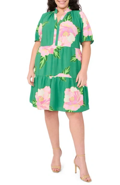 Cece Floral Print Tiered Babydoll Dress In Medium Green