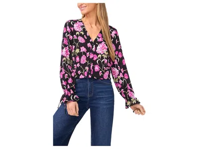 Cece Floral Printed Button Front Long Sleeve Top In Multi