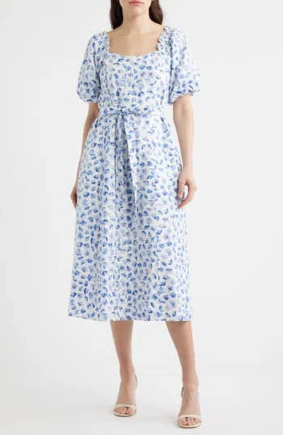 Cece Floral Puff Sleeve Cotton Midi Dress In Blue