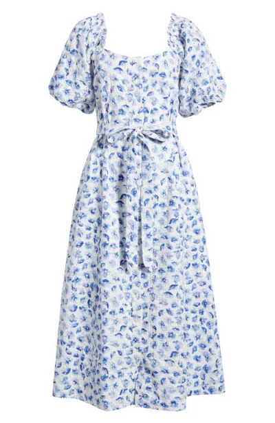 Cece Floral Puff Sleeve Cotton Midi Dress In Blue