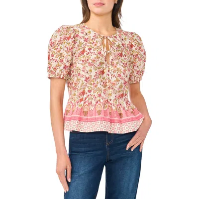 Cece Floral Puff Sleeve Cotton Peplum Top In Multi