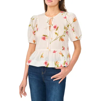 Cece Floral Puff Sleeve Cotton Peplum Top In Neutral