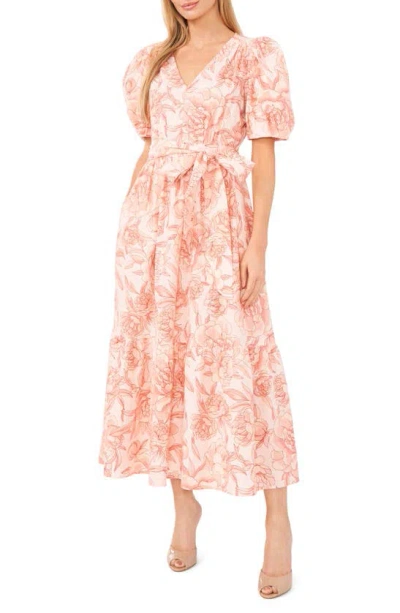 Cece Floral Puff Sleeve Linen Blend Dress In Sweet Rose