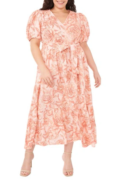 Cece Floral Puff Sleeve Linen Blend Dress In Sweet Rose