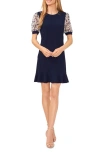 Cece Women's Mixed Media Sheer Floral Puff Sleeve Knit Dress In Navy J
