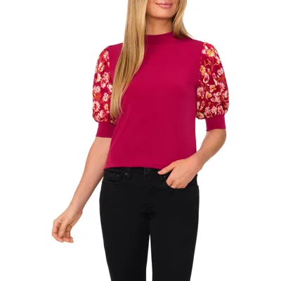 Cece Floral Puff Sleeve Mock Neck Top In Deep Sangria