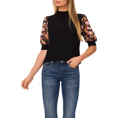 Cece Floral Puff Sleeve Mock Neck Top In Rich Black