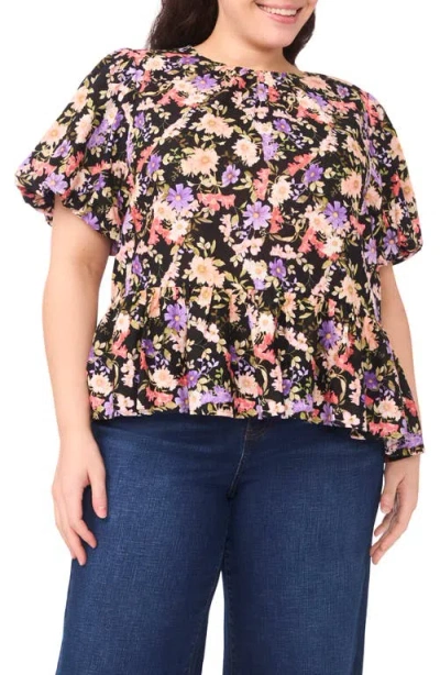 Cece Floral Puff Sleeve Peplum Top In Multi