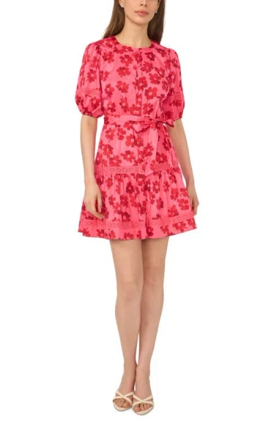 Cece Floral Puff Sleeve Stretch Cotton Minidress In Red