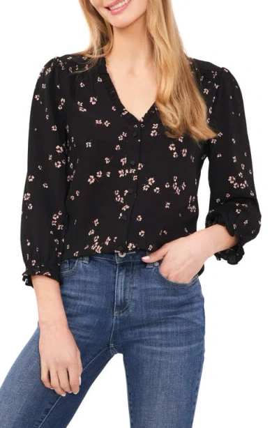 Cece Floral Ruffle Button-up Top In Rich Black