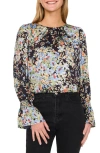 Cece Floral Ruffle Cuff Charmeuse Top In Classic Navy