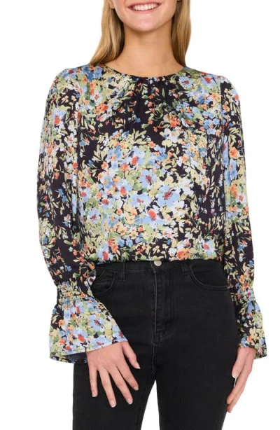 Cece Floral Ruffle Cuff Charmeuse Top