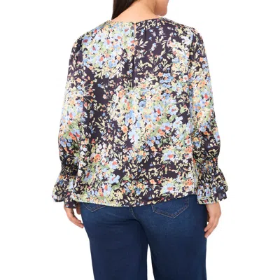 Cece Floral Ruffle Cuff Charmeuse Top In Classic Navy