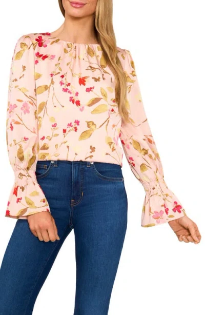 Cece Printed Smocked Cuff Crewneck Blouse In Sugar Peach