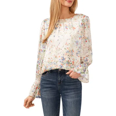 Cece Floral Ruffle Cuff Charmeuse Top In White