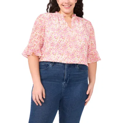 Cece Floral Ruffle Cuff Crepe Top In Peach Coral