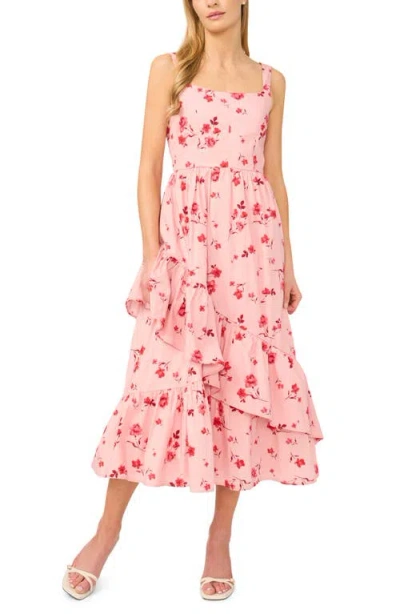Cece Floral Ruffle Detail Stretch Cotton Midi Dress In Pink