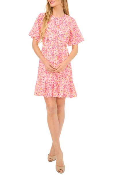 Cece Floral Ruffle Hem Dress In Pink Multi