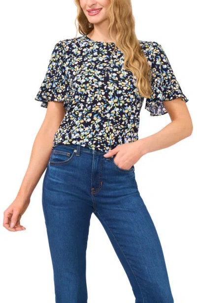Cece Floral Ruffle High-low Knit Top In Classic Navy