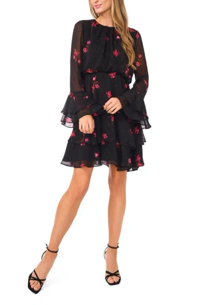 Cece Floral Ruffle Long Sleeve Chiffon Dress In Black