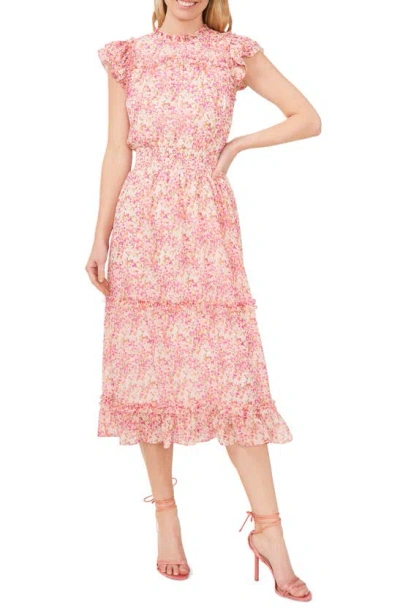 Cece Floral Ruffle Midi Dress In Peach Coral