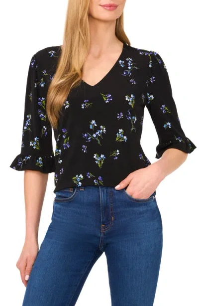 Cece Floral Ruffle Sleeve Top In Black