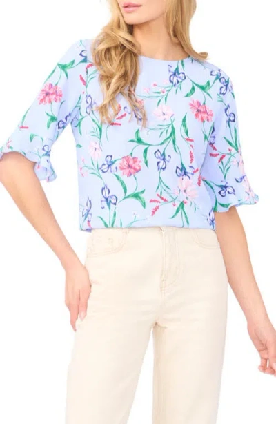 Cece Floral Ruffle Sleeve Top In Blue